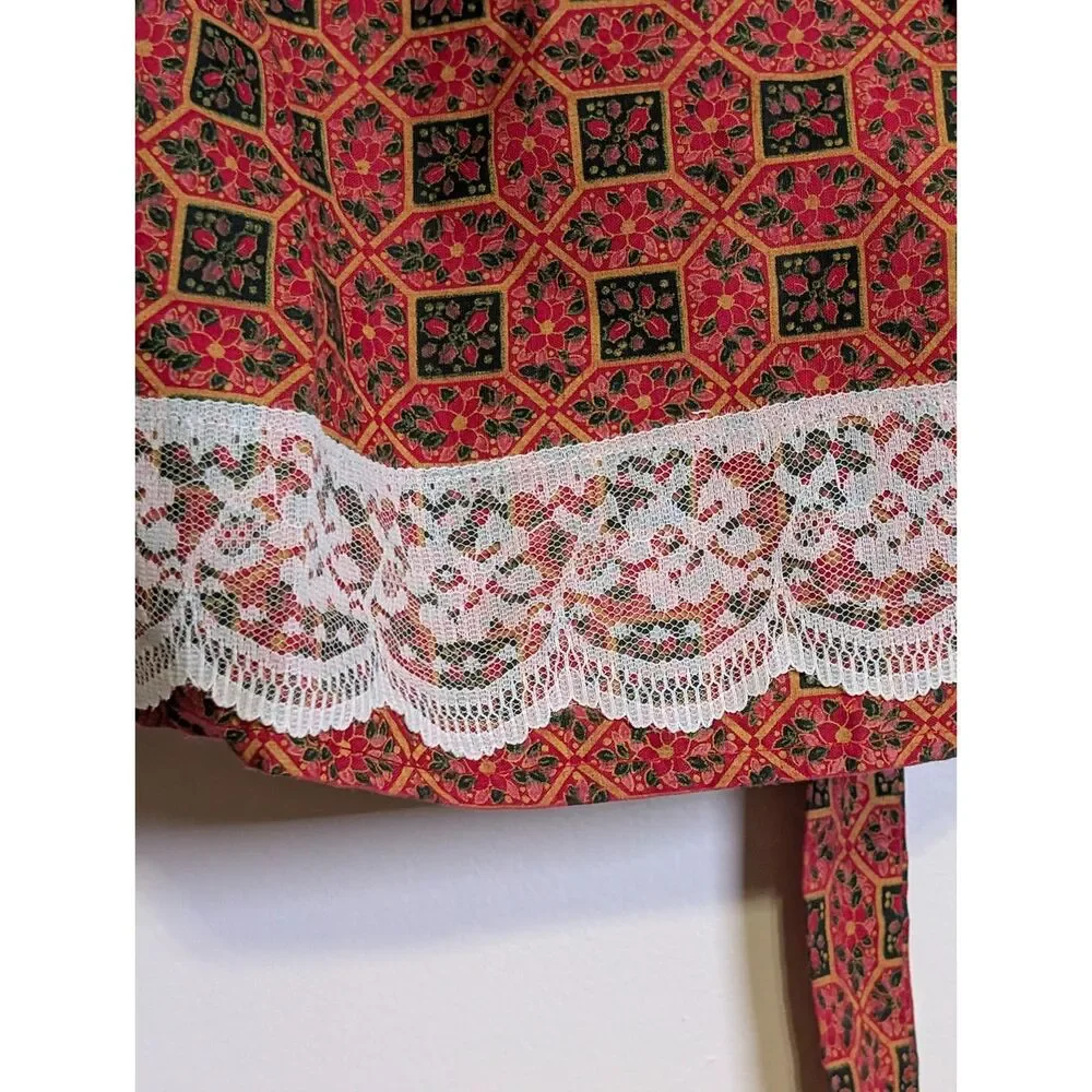 Vintage Handmade Christmas Apron Red Geometric Floral Lace Trim Cottagecore